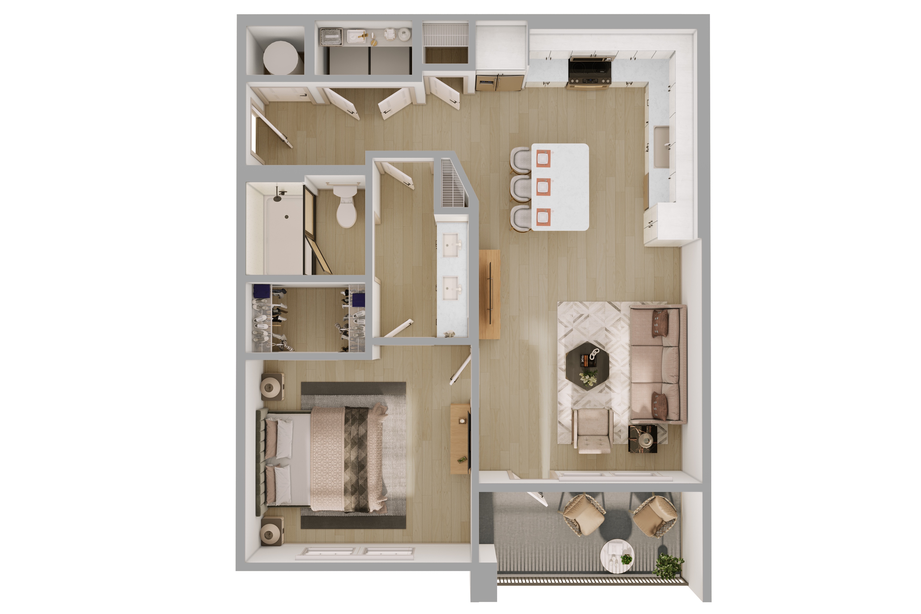 Floor plan for 1 bed, 1 bath, 740 sqft